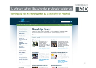 4. Wissen teilen, Stakeholder professionalisieren!
Vernetzung von Förderprojekten zu Community of Practice




„



                 Grantee Section Wallace Foundation




                                                          64
 