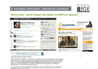 5. Infobasis verbreitern, Netzwerke aufbauen!

Kleiner Input – großer Output: Von twitter via UNDP auf Aljazeera




                                                                    77
 
