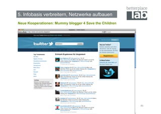 5. Infobasis verbreitern, Netzwerke aufbauen!
Neue Kooperationen: Mummy blogger 4 Save the Children




                                                        80
 
