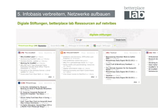 5. Infobasis verbreitern, Netzwerke aufbauen!
Digiale Stiftungen, betterplace lab Ressourcen auf netvibes




                                                              82
 
