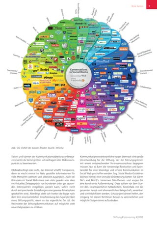 Stiftung&Sponsoring 4|2013
Seiten und können der Kommunikationsabteilung unterstüt-
zend unter die Arme greifen, um Anfragen oder Diskussions-
punkte zu beantworten.
Ob beabsichtigt oder nicht, das Internet schafft Transparenz,
denn es macht einmal ins Netz gestellte Informationen für
viele Menschen weltweit und jederzeit zugänglich. Auch bei
Diskursen im Social Web muss man stets gewahr sein, dass
ein virtuelles Zwiegespräch von hunderten oder gar tausen-
den Interessierten mitgelesen werden kann, sofern nicht
durch entsprechende Einstellungen eine gewisse Privatsphäre
geschaffen wird. Allerdings stellt sich hierbei die Frage nach
dem Sinn einer künstlichen Einschränkung der Zugänglichkeit
eines Stiftungsprofils, wenn es das eigentliche Ziel ist, die
Reichweite der Stiftungskommunikation auf möglichst viele
neue Zielgruppen zu erhöhen.
Kommunikationsverantwortliche tragen demnach eine große
Verantwortung für die Stiftung, der die Führungsgremien
mit einem entsprechenden Vertrauensvorschuss begegnen
müssen. Nur so kann die notwendige Motivation und Spon-
taneität für eine lebendige und offene Kommunikation im
Social Web geschaffen werden. Sog. Social Media-Guidelines
können hierbei eine sinnvolle Orientierung bieten: Sie klären
Do‘s and Don’t‘s, benennen Tabuthemen und sorgen für
eine konsistente Außenwirkung. Diese sollten vor dem Start
mit den verantwortlichen Mitarbeitern, bestenfalls mit der
gesamten haupt- und ehrenamtlichen Belegschaft, vereinbart
und schriftlich fixiert werden. Schulungen können helfen, den
Umgang mit diesen Richtlinien besser zu verinnerlichen und
mögliche Stolpersteine aufzudecken.
Abb.: Die Vielfalt der Sozialen Medien (Quelle: Ethority)
Rote Seiten 7
 