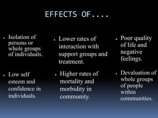 EFFECTS OF....
● Isolation of
persons or
whole groups
of individuals.
● Lower rates of
interaction with
support groups and
treatment.
● Poor quality
of life and
negative
feelings.
● Devaluation of
whole groups
of people
within
communities.
● Low self
esteem and
confidence in
individuals.
● Higher rates of
mortality and
morbidity in
community.
 