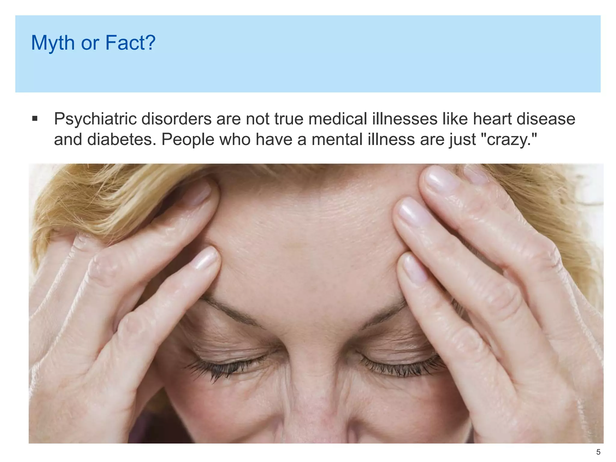 Myth or Fact?
 Psychiatric disorders are not true medical illnesses like heart disease
and diabetes. People who have a mental illness are just "crazy."
5
 