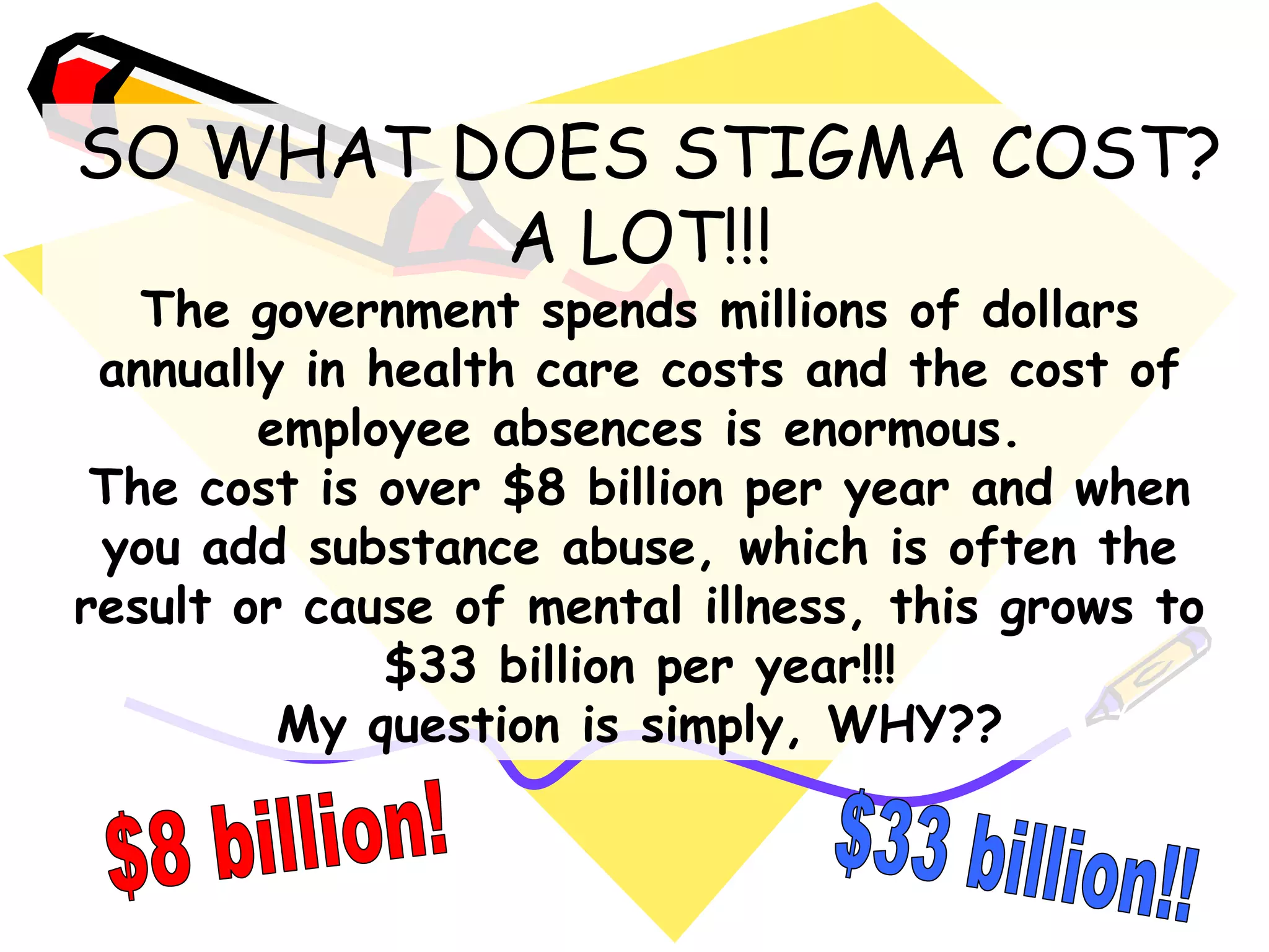 SO WHAT DOES STIGMA COST?
A LOT!!!
The government spends millions of dollars
annually in health care costs and the cost of
employee absences is enormous.
The cost is over $8 billion per year and when
you add substance abuse, which is often the
result or cause of mental illness, this grows to
$33 billion per year!!!
My question is simply, WHY??
 