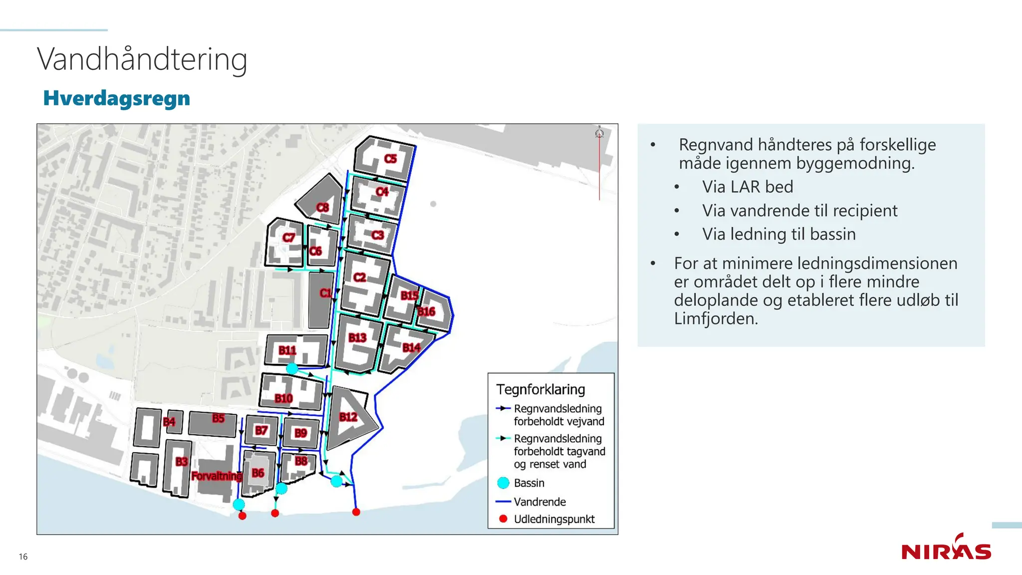 Vandhåndtering
Hverdagsregn
• Regnvand håndteres på forskellige
måde igennem byggemodning.
• Via LAR bed
• Via vandrende til recipient
• Via ledning til bassin
• For at minimere ledningsdimensionen
er området delt op i flere mindre
deloplande og etableret flere udløb til
Limfjorden.
16
 