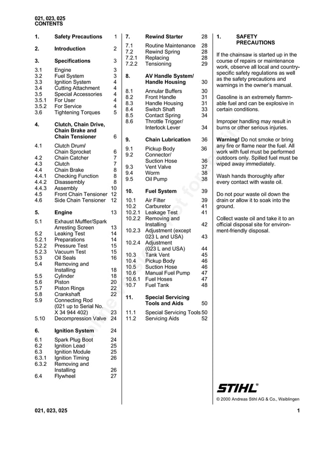 Stihl 021 chainsaw service repair manual | PDF