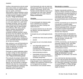 FS 160, FS 220, FS 280, FS 290
brasileiro
8
Verificar a ferramenta de corte de metal
após cada contato com objetos duros
(como pedras, rochas, peças metálicas)
(por ex. quanto a trincas e
deformações). Retirar rebarbas e outros
materiais acumulados, pois eles podem
se soltar durante o trabalho e serem
lançados. Perigo de ferimentos!
Se uma ferramenta de corte de metal
em movimento encostar em uma pedra
ou num outro objeto duro, pode haver
formação de faíscas, que em contato
com materiais facilmente inflamáveis
podem pegar fogo em determinadas
circunstâncias. Além disso, plantas
secas e arbustos são facilmente
inflamáveis, especialmente em
condições climáticas quentes e secas.
Se houver risco de incêndio, não utilizar
ferramentas de corte de metal na
presença de substâncias inflamáveis,
plantas e arbustos secos. Certifique-se
com a autoridade florestal competente,
se há risco de incêndio.
Não continuar o uso de ferramentas de
corte danificadas ou trincadas e nem
tentar consertá-las, por exemplo com
soldas ou alterações na forma
(desbalanceamento).
Partículas ou partes quebradas podem
se soltar e atingir em alta velocidade o
operador ou pessoas que estão em
volta. Perigo de ferimentos graves!
Para redução dos perigos citados sobre
o trabalho com uma ferramenta de corte
de metal, esta não pode, de forma
alguma, ser muito grande no diâmetro.
Também não deve ser muito pesada.
Deve ser fabricada com material de alta
qualidade e apresentar geometria
adequada (forma, espessura).
Uma ferramenta de corte de metal não
fabricada pela STIHL não pode ser mais
pesada, mais grossa, não ter outro
formato e não ter diâmetro maior do que
a ferramenta de corte maior, liberada
pela STIHL para uso nesta máquina.
Perigo de ferimentos!
Vibrações
O uso prolongado da máquina pode
levar a distúrbios de circulação
sanguínea nas mãos ("doença dos
dedos brancos").
Um período absoluto de uso não pode
ser definido, pois este depende de
vários fatores.
A duração de uso é prolongada através
de:
– proteção das mãos (luvas quentes)
– pausas
A duração de uso é encurtada através
de:
– uma disposição pessoal à má
circulação sanguínea
(característica: frequentemente
com dedos frios, formigamento)
– baixa temperatura externa
– intensidade da força de segurar
(segurar com muita força impede a
circulação sanguínea)
Ao utilizar a máquina regularmente com
longa duração e com o aparecimento
repetitivo dos respectivos sintomas (por
ex. formigamento dos dedos)
recomenda-se uma consulta médica.
Manutenção e consertos
Realizar manutenção periódica na
máquina. Efetuar somente os trabalhos
de manutenção e consertos descritos no
manual de instruções. Os trabalhos de
manutenção que não podem ser
executados pelo próprio usuário devem
ser encaminhados para uma Revenda
Técnica.
A STIHL recomenda que os serviços de
manutenção e consertos sejam
realizados somente em uma Revenda
Técnica Autorizada STIHL, pois seus
funcionários recebem treinamentos
periódicos e todas as informações
técnicas das máquinas.
Usar somente peças de reposição de
qualidade, do contrário pode haver risco
de acidentes ou danos na máquina. Em
caso de dúvidas, consulte uma
assistência técnica.
A STIHL recomenda o uso de peças de
reposição originais STIHL, pois estas
foram desenvolvidas para serem
usadas neste produto de acordo com a
necessidade do cliente.
Para realizar consertos, manutenção e
limpeza sempre desligar a máquina.
Perigo de ferimentos! Exceção:
Regulagem do carburador e da marcha
lenta.
Com o terminal da vela desconectado
ou com a vela de ignição desrosqueada,
acionar o sistema de arranque somente
se o interruptor combinado / stop estiver
na posição STOP ou 0. Risco de fogo
causado pelas faíscas que saem da
região do cilindro.
 
