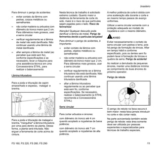 FS 160, FS 220, FS 280, FS 290
brasileiro
11
Para diminuir o perigo de acidentes:
– evitar contato da lâmina com
pedras, corpos metálicos ou
semelhantes
– não cortar madeira ou arbustos com
diâmetro do tronco maior que 2 cm.
Para diâmetros mais grossos, usar
a serra circular
– verificar regularmente se a lâmina
de metal não está danificada. Não
continuar usando uma lâmina de
metal danificada
– afiar sempre a lâmina de metal (ao
perceber que está sem fio),
conforme especificações e se
necessário, levar a máquina para
uma assistência técnica em uma
Concessionária STIHL, para
realizar o balanceamento
Lâmina trituradora
Para a poda e trituração de capim
emaranhado e espesso, matagal e
brenha.
Para a poda e trituração de matagal e
brenha, "mergulhar" a lâmina trituradora
por cima para dentro da planta. Dessa
forma, a planta será triturada. Não
erguer a ferramenta de corte acima da
cintura.
Nesta técnica de trabalho é solicitado
extremo cuidado. Quanto maior a
distância da ferramenta de corte do
solo, maior é o risco de que partículas
sejam jogadas para o lado. Risco de
ferimentos!
Atenção! Qualquer descuido pode
danificar a lâmina de metal. Perigo de
ferimentos devido a partículas lançadas!
Para diminuir o perigo de acidentes, é
importante:
– evitar contato da lâmina com
pedras, objetos metálicos ou
semelhantes
– não cortar madeira ou arbustos com
diâmetro do tronco maior que 2 cm.
Para diâmetros mais grossos, usar
a serra circular
– verificar regularmente se a lâmina
trituradora não está danificada. Não
continuar usando uma lâmina
trituradora danificada
– afiar a lâmina trituradora
regularmente ou ao perceber que
está sem fio, conforme
especificações. Se necessário,
realizar o balanceamento (a STIHL
recomenda a Concessionária
STIHL)
Serra circular
Para cortar arbustos e árvores:
com diâmetro do tronco até 4 cm
quando acoplado a roçadeiras de baixa
potência;
com diâmetro do tronco até 7 cm
quando acoplado a roçadeiras de alta
potência.
A melhor potência de corte é obtida com
uma aceleração alta durante o corte e
ao mesmo tempo passos de avanço
uniformes.
Utilizar a serra circular somente com a
proteção adequada ao modelo de
roçadeira e com o mesmo diâmetro.
AVISO
Evitar necessariamente o contato da
serra circular com pedras e terra, pois
há perigo de formação de trincas. Afiar
em tempo hábil e conforme
especificado, pois os dentes sem fio
podem levar à formação de trincas e
quebra da serra. Perigo de acidente!
Ao realizar a derrubada de pequenas
árvores, manter uma distância mínima
ao comprimento de duas árvores do
próximo operador.
Perigo de rebote
O perigo de rebote na faixa escura é
bem maior: nesta faixa jamais introduzir
no corte e não cortar nada.
Na parte acinzentada também existe
perigo de rebote: esta área somente
deve ser utilizada por pessoas
experientes e especializadas para
técnicas de trabalho especiais.
002BA210KN
002BA068KN
 