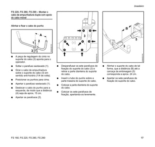 FS 160, FS 220, FS 280, FS 290
brasileiro
17
FS 220, FS 280, FS 290 – Montar o
cabo de empunhadura dupla com apoio
do cabo móvel
Alinhar e fixar o cabo do punho
N A peça de regulagem do cinto no
suporte do cabo (3) aponta para o
operador.
N Soltar o parafuso sextavado (1).
N Girar o cabo de empunhadura
sobre o suporte do cabo (3) em
sentido anti-horário (1/4 de volta).
N Posicionar os punhos para cima.
N Apertar o parafuso sextavado (1).
N Deslocar o cabo do punho para a
esquerda, de modo que a distância
(A) seja de aprox. 15 cm.
N Apertar os parafusos (2).
N Desparafusar os sete parafusos de
fixação do suporte do cabo (3) e
retirar a parte dianteira do suporte
do cabo.
N Inserir o tubo do punho sobre a
parte traseira do suporte do cabo.
N Colocar a parte dianteira do suporte
do cabo.
N Colocar os sete parafusos de
fixação, apertando-os levemente.
N Alinhar o suporte do cabo de tal
forma, que a distância (B) até a
carcaça da embreagem (5)
corresponda a aprox. 24 cm.
N Apertar os sete parafusos de
fixação do suporte do cabo.
324BA060KN
A
1
2
3
3
324BA052KN
B
324BA053KN
3
5
 