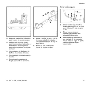 FS 160, FS 220, FS 280, FS 290
brasileiro
19
N Assegurar que a porca (2) esteja na
parte traseira do suporte do cabo.
N Inserir o tubo do punho sobre a
parte traseira do suporte do cabo. A
área da peça de regulagem do
suporte do cabo aponta em direção
ao motor.
N Colocar a peça de regulagem (3).
Os furos devem estar alinhados.
N Colocar a parte dianteira do suporte
do cabo.
N Colocar os sete parafusos de
fixação, apertando-os levemente.
N Alinhar o suporte do cabo (1) de tal
forma, que a distância (A) até a
carcaça da embreagem (4) seja de
aprox. 24 cm.
N Apertar os sete parafusos de
fixação do suporte do cabo.
Montar o cabo do punho
N Colocar o cabo do punho (1) na
peça de aperto inferior (2), de forma
que a distância (A) seja de aprox.
15 cm.
N Colocar a peça de aperto
superior (3) e apertar os dois
parafusos (4) levemente.
N Inserir o parafuso sextavado (5)
com a arruela (6) até o encosto,
através das duas peças de aperto,
mantendo todas as peças
pressionadas.
2
324BA082KN
3
1
4
324BA083KN
A
3
324BA084KN
A
1
4
2
6
5
 