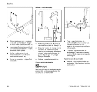 FS 160, FS 220, FS 280, FS 290
brasileiro
20
N Colocar as peças com o parafuso
sextavado apontando em direção
ao motor sobre o apoio do cabo (7).
N Inserir o parafuso sextavado (5) até
o encosto no apoio do cabo e fixá-lo
levemente, sem apertar.
N Alinhar o cabo do punho na
transversal com o tubo do eixo,
verificando a medida (A).
N Apertar os parafusos e o parafuso
sextavado.
Montar o cabo de manejo
N Retirar o parafuso (1). A porca (2)
permanece no cabo de manejo (3).
N Empurrar o cabo de manejo com a
alavanca do acelerador (4) na
direção da transmissão, apontando
sobre a extremidade do cabo do
punho (5), até que os furos (6)
estejam alinhados.
N Colocar o parafuso e apertá-lo.
Fixar o cabo do acelerador
INDICAÇÃO
Não dobrar o cabo do acelerador e nem
posicioná-lo em locais apertados. Ele
deve mover-se facilmente!
N Fixar o suporte do cabo do
acelerador (7) de tal maneira, que
um seja encaixado no furo
superior (8) e o outro num do furos
inferiores (9).
N O terceiro suporte do cabo do
acelerador (7) deve ser encaixado
no furo (10) da capa da carcaça da
embreagem.
Ajustar o cabo do acelerador
N Verificar a regulagem do cabo do
acelerador. Veja "Ajustar o cabo do
acelerador".
5
7
A
324BA085KN
61
3
4
5
6
324BA086KN
2
7
9
8
324BA087KN
7
7
10
 