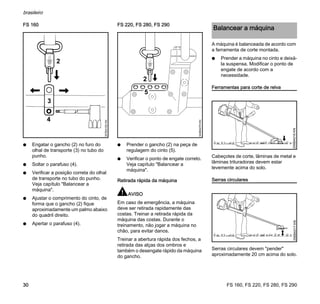 FS 160, FS 220, FS 280, FS 290
brasileiro
30
FS 160
N Engatar o gancho (2) no furo do
olhal de transporte (3) no tubo do
punho.
N Soltar o parafuso (4).
N Verificar a posição correta do olhal
de transporte no tubo do punho.
Veja capítulo "Balancear a
máquina".
N Ajustar o comprimento do cinto, de
forma que o gancho (2) fique
aproximadamente um palmo abaixo
do quadril direito.
N Apertar o parafuso (4).
FS 220, FS 280, FS 290
N Prender o gancho (2) na peça de
regulagem do cinto (5).
N Verificar o ponto de engate correto.
Veja capítulo "Balancear a
máquina".
Retirada rápida da máquina
AVISO
Em caso de emergência, a máquina
deve ser retirada rapidamente das
costas. Treinar a retirada rápida da
máquina das costas. Durante o
treinamento, não jogar a máquina no
chão, para evitar danos.
Treinar a abertura rápida dos fechos, a
retirada das alças dos ombros e
também o desengate rápido da máquina
do gancho.
A máquina é balanceada de acordo com
a ferramenta de corte montada.
N Prender a máquina no cinto e deixá-
la suspensa. Modificar o ponto de
engate de acordo com a
necessidade.
Ferramentas para corte de relva
Cabeçotes de corte, lâminas de metal e
lâminas trituradoras devem estar
levemente acima do solo.
Serras circulares
Serras circulares devem "pender"
aproximadamente 20 cm acima do solo.
2
3
4
357BA100KN
5
324BA075KN
2
Balancear a máquina
256BA016KN256BA017KN
 