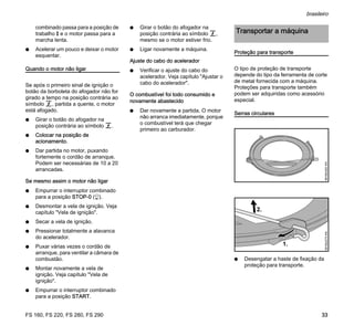 FS 160, FS 220, FS 280, FS 290
brasileiro
33
combinado passa para a posição de
trabalho F e o motor passa para a
marcha lenta.
N Acelerar um pouco e deixar o motor
esquentar.
Quando o motor não ligar
Se após o primeiro sinal de ignição o
botão da borboleta do afogador não for
girado a tempo na posição contrária ao
símbolo g, partida a quente, o motor
está afogado.
N Girar o botão do afogador na
posição contrária ao símbolo g.
N Colocar na posição de
acionamento.
N Dar partida no motor, puxando
fortemente o cordão de arranque.
Podem ser necessárias de 10 a 20
arrancadas.
Se mesmo assim o motor não ligar
N Empurrar o interruptor combinado
para a posição STOP-0 (h).
N Desmontar a vela de ignição. Veja
capítulo "Vela de ignição".
N Secar a vela de ignição.
N Pressionar totalmente a alavanca
do acelerador.
N Puxar várias vezes o cordão de
arranque, para ventilar a câmara de
combustão.
N Montar novamente a vela de
ignição. Veja capítulo "Vela de
ignição".
N Empurrar o interruptor combinado
para a posição START.
N Girar o botão do afogador na
posição contrária ao símbolo g,
mesmo se o motor estiver frio.
N Ligar novamente a máquina.
Ajuste do cabo do acelerador
N Verificar o ajuste do cabo do
acelerador. Veja capítulo "Ajustar o
cabo do acelerador".
O combustível foi todo consumido e
novamente abastecido
N Dar novamente a partida. O motor
não arranca imediatamente, porque
o combustível terá que chegar
primeiro ao carburador.
Proteção para transporte
O tipo de proteção de transporte
depende do tipo da ferramenta de corte
de metal fornecida com a máquina.
Proteções para transporte também
podem ser adquiridas como acessório
especial.
Serras circulares
N Desengatar a haste de fixação da
proteção para transporte.
Transportar a máquina
681BA302KN681BA275KN
1.
2.
 