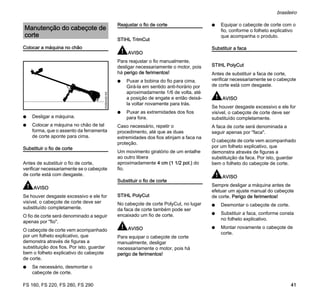 FS 160, FS 220, FS 280, FS 290
brasileiro
41
Colocar a máquina no chão
N Desligar a máquina.
N Colocar a máquina no chão de tal
forma, que o assento da ferramenta
de corte aponte para cima.
Substituir o fio de corte
Antes de substituir o fio de corte,
verificar necessariamente se o cabeçote
de corte está com desgaste.
AVISO
Se houver desgaste excessivo e ele for
visível, o cabeçote de corte deve ser
substituído completamente.
O fio de corte será denominado a seguir
apenas por "fio".
O cabeçote de corte vem acompanhado
por um folheto explicativo, que
demonstra através de figuras a
substituição dos fios. Por isto, guardar
bem o folheto explicativo do cabeçote
de corte.
N Se necessário, desmontar o
cabeçote de corte.
Reajustar o fio de corte
STIHL TrimCut
AVISO
Para reajustar o fio manualmente,
desligar necessariamente o motor, pois
há perigo de ferimentos!
N Puxar a bobina do fio para cima.
Girá-la em sentido anti-horário por
aproximadamente 1/6 de volta, até
a posição de engate e então deixá-
la voltar novamente para trás.
N Puxar as extremidades dos fios
para fora.
Caso necessário, repetir o
procedimento, até que as duas
extremidades dos fios atinjam a faca na
proteção.
Um movimento giratório de um entalhe
ao outro libera
aproximadamente 4 cm (1 1/2 pol.) do
fio.
Substituir o fio de corte
STIHL PolyCut
No cabeçote de corte PolyCut, no lugar
da faca de corte também pode ser
encaixado um fio de corte.
AVISO
Para equipar o cabeçote de corte
manualmente, desligar
necessariamente o motor, pois há
perigo de ferimentos!
N Equipar o cabeçote de corte com o
fio, conforme o folheto explicativo
que acompanha o produto.
Substituir a faca
STIHL PolyCut
Antes de substituir a faca de corte,
verificar necessariamente se o cabeçote
de corte está com desgaste.
AVISO
Se houver desgaste excessivo e ele for
visível, o cabeçote de corte deve ser
substituído completamente.
A faca de corte será denominada a
seguir apenas por "faca".
O cabeçote de corte vem acompanhado
por um folheto explicativo, que
demonstra através de figuras a
substituição da faca. Por isto, guardar
bem o folheto do cabeçote de corte.
AVISO
Sempre desligar a máquina antes de
efetuar um ajuste manual do cabeçote
de corte. Perigo de ferimentos!
N Desmontar o cabeçote de corte.
N Substituir a faca, conforme consta
no folheto explicativo.
N Montar novamente o cabeçote de
corte.
Manutenção do cabeçote de
corte
002BA406KN
 