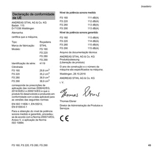 FS 160, FS 220, FS 280, FS 290
brasileiro
49
ANDREAS STIHL AG & Co. KG
Badstr. 115
D-71336 Waiblingen
Alemanha
certifica que a máquina,
corresponde às prescrições de
aplicação das normas 2006/42/EG,
2014/30/EU e 2000/14/EG e que o
produto foi desenvolvido e produzido em
conformidade com a data aplicável para
as versões das seguintes normas:
EN ISO 11806-1, EN 55012,
EN 61000-6-1
Para a obtenção do nível de potência
sonora medido e garantido, procedeu-
se de acordo com a Norma 2000/14/EG,
Anexo V, e aplicação da Norma
ISO 10884.
Nível de potência sonora medido
Nível de potência sonora garantido
Arquivo da documentação técnica:
ANDREAS STIHL AG & Co. KG
Produktzulassung
(Liberação de produto)
O ano de construção e o número da
máquina são especificados na máquina.
Waiblingen, 28.10.2016
ANDREAS STIHL AG & Co. KG
i. V.
Thomas Elsner
Diretor de Administração de Produtos e
Serviços
Declaração de conformidade
da UE
Tipo: Roçadeira
Marca de fabricação: STIHL
Modelo: FS 160
FS 220
FS 280
FS 290
Identificação de série: 4119
Cilindrada
FS 160 29,8 cm3
FS 220 35,2 cm3
FS 280 38,9 cm3
FS 290 38,9 cm3
FS 160 111 dB(A)
FS 220 112 dB(A)
FS 280 113 dB(A)
FS 290 113 dB(A)
FS 160 113 dB(A)
FS 220 114 dB(A)
FS 280 115 dB(A)
FS 290 115 dB(A)
 