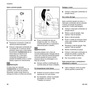 MS 460
brasileiro
30
Após a primeira ignição
N Pressionar novamente o botão da
válvula de descompressão.
N Colocar o interruptor combinado (4)
na posição n e continuar dando
arranque. Assim que o motor estiver
funcionando, imediatamente dar um
breve toque na alavanca do
acelerador (5), o interruptor
combinado (4) passa para a
posição de trabalho F (6) e o motor
passa a operar em marcha lenta.
INDICAÇÃO
O motor deve ser colocado
imediatamente na marcha lenta, do
contrário, com o freio da corrente
bloqueado, podem surgir danos na
carcaça do motor e no freio da corrente.
N Puxar a proteção da mão em
direção ao cabo: U. O freio da
corrente está solto e a motosserra
está pronta para o trabalho.
INDICAÇÃO
Somente acelerar com o freio da
corrente desbloqueado. Rotação alta do
motor com o freio da corrente bloqueado
(corrente parada) em pouco tempo
ocasiona danos na embreagem e no
freio da corrente.
N Sempre verificar a lubrificação da
corrente antes de iniciar o trabalho.
Em temperaturas muito baixas
N Acelerar um pouco e deixar o motor
aquecer por um curto tempo.
N Se necessário, colocar na posição
de trabalho no inverno. Veja
"Trabalho no inverno".
Desligar o motor
N Colocar o interruptor combinado na
posição stop 0.
Se o motor não ligar
Após a primeria ignição do motor, o
interruptor combinado não foi colocado
a tempo na posição de partida a
quente n, o motor está afogado.
N Colocar o interruptor combinado na
posição stop 0.
N Retirar a vela de ignição. Veja
capítulo "Vela de ignição".
N Secar a vela de ignição.
N Puxar o cordão de arranque várias
vezes, para ventilar a câmara de
combustão.
N Recolocar a vela de ignição. Veja
capítulo "Vela de ignição".
N Montar novamente as peças.
N Colocar o interruptor combinado na
posição de partida a quente n,
mesmo se o motor estiver frio.
N Dar nova partida no motor.
Após consumir todo o combustível e
reabastecer a máquina
N Ligar a máquina, como no motor
quente (partida a quente n).
6
4
5
145BA008KN
0
STOP
143BA012KN
 