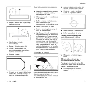TS 410, TS 420
brasileiro
13
N Inserir a ranhura guia (A) ao longo
da linha marcada.
N Aprofundar a linha de
separação (B).
N Deixar o filete de ruptura (C).
N Cortar a placa primeiro nas
extremidades, para que nenhum
material se desprenda.
N Quebrar a placa.
N Produzir as curvas em várias fases
de trabalho, cuidando para que o
disco de corte não fique preso.
Cortar tubos, objetos redondos e ocos
N Assegurar para que tubos, objetos
redondos e ocos não oscilem,
escorreguem ou rolem.
N Observar a queda e o peso da peça
a ser cortada.
N Definir e marcar a linha de corte,
para evitar armaduras,
especialmente em direção ao corte.
N Definir a sequência do corte.
N Inserir a ranhura guia ao longo da
linha de corte marcada.
N Aprofundar a linha de separação ao
longo da ranhura guia, observando
a profundidade de corte sugerida
por processo. Para fazer pequenas
correções de direção, não virar o
disco de corte, mas sim inserí-lo
novamente no corte. Dependendo o
caso, deixar pequenos filetes de
sustentação da peça a ser cortada.
Estes filetes devem ser quebrados
após o último corte planejado.
Cortar tubos de concreto
O procedimento varia de acordo com o
diâmetro externo do tubo e a
profundidade de corte máxima possível
do disco de corte (A).
N Assegurar para que os tubos não
oscilem, escorreguem ou rolem.
N Observar o peso, a tensão e a
queda da peça a ser cortada.
N Definir e marcar a linha de corte.
N Definir a sequência do corte.
Diâmetro externo é menor que a
profundidade de corte máxima
N Efetuar um corte de cima para
baixo.
Diâmetro externo é maior que a
profundidade de corte máxima
Planejar primeiro, depois cortar. São
necessários vários cortes. É importante
manter a sequência correta.
N Girar a proteção no encosto
traseiro.
180BA028
AM
A
002BA557
AM
002BA528
AM
002BA558
AM
 