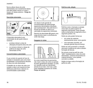 TS 410, TS 420
brasileiro
16
Nunca utilizar discos de corte
diamantados com revestimento lateral,
pois eles podem trancar no corte e
causar um rebote extremo – Perigo de
acidentes!
Descrições abreviadas
A descrição abreviada é uma
combinação de até quatro letras e
números:
– as letras indicam a área de
utilização principal do disco de corte
– os números indicam a classe de
potência do disco de corte
diamantado STIHL
Concentricidade e planicidade
O uso correto do suporte do fuso do
cortador é necessário para uma maior
durabilidade e funcionamento eficiente
do disco de corte diamantado.
O trabalho de um disco de corte num
cortador a disco com suporte do fuso
defeituoso pode levar a desvios na
concentricidade e planicidade.
Um desvio muito grande de
concentricidade (A) sobrecarrega
segmentos diamantados individuais,
que superaquecem. Isto pode levar a
trincas por tensão no disco ou à
calcinação de segmentos individuais.
Desvios de planicidade (B) geram uma
carga térmica maior e uma fenda de
corte mais larga.
Desgaste do núcleo
Ao cortar superfícies de pavimentos,
não inserir o disco de corte na camada
de base (geralmente cascalho). O corte
em cascalho pode ser identificado
através do pó claro. Com isso, pode
haver desgaste excessivo do núcleo.
Perigo de quebra!
Perfil de corte, afiação
Perfil de corte é chamada a camada
cinza claro na parte superior do
segmento diamantado. Essa camada
cobre os diamantes no segmento e faz o
segmento perder o fio.
Perfis de corte podem formar-se:
– em cortes de materiais
extremamente duros, como granito
– com manuseio incorreto, por
exemplo grande força de avanço
Perfis de corte aumentam a vibração,
diminuem a potência do corte e causam
formação de faíscas.
No primeiro sinal de perfil de corte,
"afiar" imediatamente o disco de corte
diamantado, cortando brevemente em
material abrasivo, como pedras,
concreto ou asfalto.
Adição de água evita a formação de
perfis de corte.
0000-GXX-1235-A0
D-B10
 