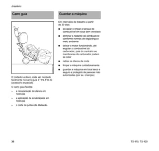 TS 410, TS 420
brasileiro
36
O cortador a disco pode ser montado
facilmente no carro guia STIHL FW 20
(acessório especial).
O carro guia facilita:
– a recuperação de danos em
rodovias
– a aplicação de sinalizações em
rodovias
– o corte de juntas de dilatação
Em intervalos de trabalho a partir
de 30 dias:
N esvaziar e limpar o tanque de
combustível em local bem ventilado
N eliminar o restante do combustível
conforme normas de segurança e
meio ambiente
N deixar o motor funcionando, até
esgotar o combustível do
carburador, pois do contrário as
membranas do carburador podem
se colar
N retirar os discos de corte
N limpar a máquina cuidadosamente
N guardar a máquina em local seco e
seguro e protegido de pessoas não
autorizadas (por ex. crianças)
Carro guia
1307BA027
KN
Guardar a máquina
 