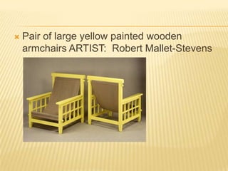 Pair of large yellow painted wooden armchairs ARTIST:  Robert Mallet-Stevens