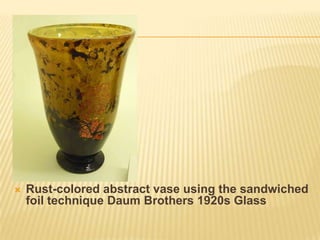 Rust-colored abstract vase using the sandwiched foil technique Daum Brothers 1920s Glass