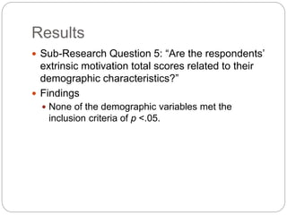Results
 Sub-Research Question 5: “Are the respondents’
extrinsic motivation total scores related to their
demographic characteristics?”
 Findings
 None of the demographic variables met the
inclusion criteria of p <.05.
 