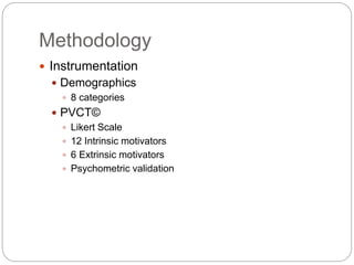 Methodology
 Instrumentation
 Demographics
 8 categories
 PVCT©
 Likert Scale
 12 Intrinsic motivators
 6 Extrinsic motivators
 Psychometric validation
 