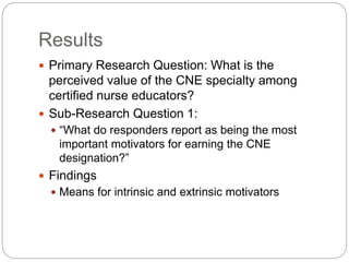 Results
 Primary Research Question: What is the
perceived value of the CNE specialty among
certified nurse educators?
 Sub-Research Question 1:
 “What do responders report as being the most
important motivators for earning the CNE
designation?”
 Findings
 Means for intrinsic and extrinsic motivators
 