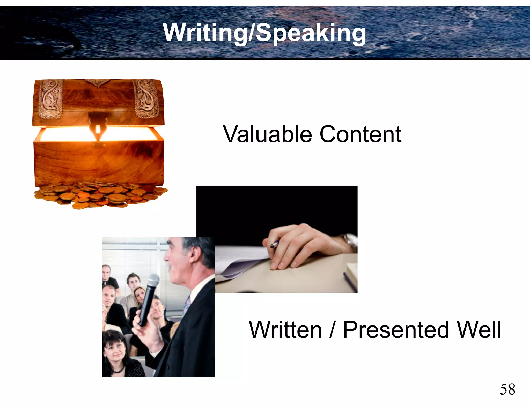 Valuable Content
58
Writing/Speaking
Written / Presented Well
 
