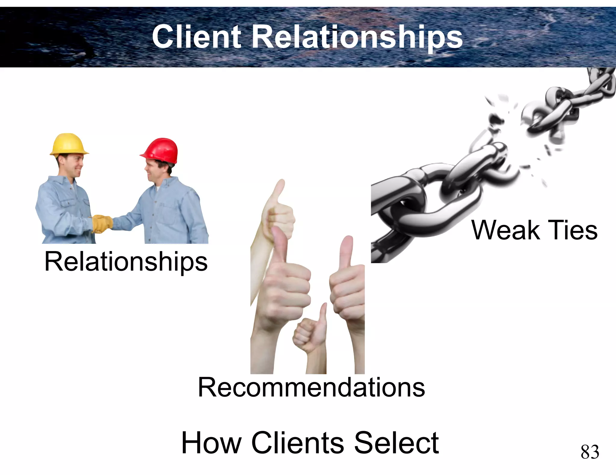 83
Relationships
Recommendations
Weak Ties
How Clients Select
Client Relationships
 