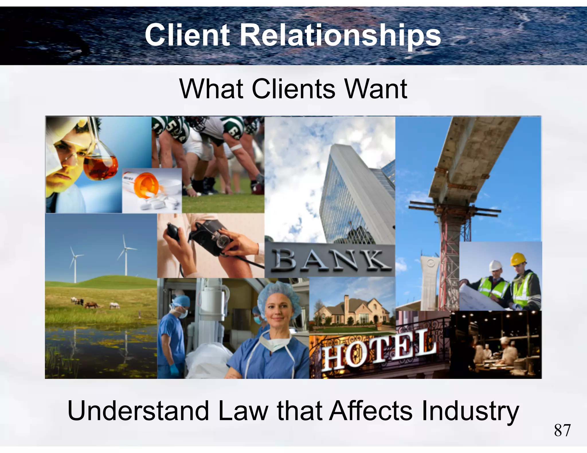 87
Understand Law that Affects Industry
What Clients Want
Client Relationships
 