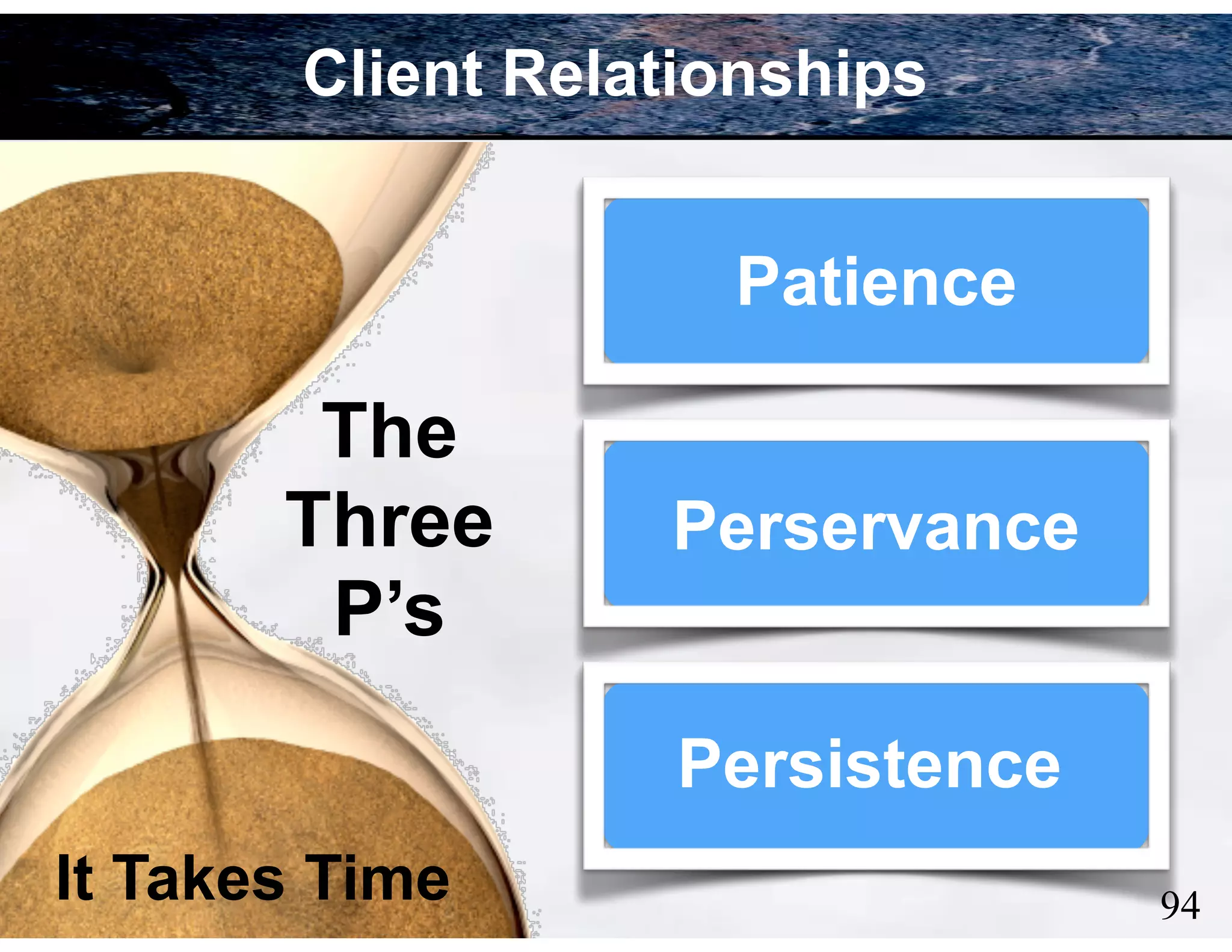 94
Patience
Persistence
Perservance
The
Three
P’s
Client Relationships
It Takes Time
 