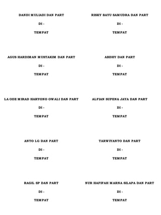 DANDI M ULIADI DAN PART
DI -
TEM PAT
RISKY BAYU SAM UDRA DAN PART
DI -
TEM PAT
AGUS HARDIM AN M USTAKIM DAN PART
DI -
TEM PAT
ABDHY DAN PART
DI -
TEM PAT
LA ODE M IRAD HARYONO OW ALI DAN PART
DI -
TEM PAT
ALFIAN SUPENA JAYA DAN PART
DI -
TEM PAT
ANTO LG DAN PART
DI -
TEM PAT
TARW IYANTO DAN PART
DI -
TEM PAT
RAGIL SP DAN PART
DI -
TEM PAT
NUR HAFIFAH M ARNA SILAPA DAN PART
DI -
TEM PAT
 
