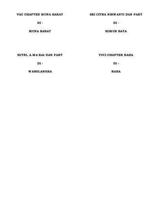 VAC CHAPTER M UNA BARAT
DI -
M UNA BARAT
SRI CITRA NIRW ANTI DAN PART
DI -
SUM UR BATA
SUTRI, A.M d.Keb DAN PART
DI -
W ASOLANGKA
YVCI CHAPTER RAHA
DI -
RAHA
 