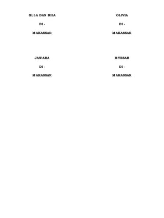 OLLA DAN DISA
DI -
M AKASSAR
OLIVIA
DI -
M AKASSAR
JAW ARA
DI -
M AKASSAR
M YESAH
DI -
M AKASSAR
 
