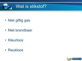 Wat is stikstof? Niet giftig gas Niet brandbaar Kleurloos Reukloos 