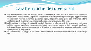 Caratteristiche dei diversi stili
AREA A: visivo verbale, visivo non verbale, uditivo o cinestetico: si tratta dei canali sensoriali attraverso cui
percepiamo il mondo esterno. Le persone con preferenza visiva verbale imparano meglio leggendo; quelle
con preferenza visiva non verbale guardando figure, diagrammi, ecc.; quelle con preferenza uditiva
ascoltando; quelle con preferenza cinestetica facendo esperienza diretta delle cose;
AREA B: analitico o globale: si tratta dei modi di elaborare le informazioni. Le persone con preferenza
analitica tendono a preferire il ragionamento logico e sistematico, basato su fatti e dettagli; quelle con
preferenza globale tendono a considerare le situazioni in modo sintetico, basandosi sull'intuito e sugli
aspetti generali di un problema.
AREA C: individuale o di gruppo: si tratta della preferenza verso il lavoro individuale o verso il lavoro con gli
altri.
 