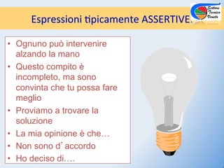 )
      Espressioni)$picamente)ASSERTIVE:

•  Ognuno può intervenire
   alzando la mano
•  Questo compito è
   incompleto, ma sono
   convinta che tu possa fare
   meglio
•  Proviamo a trovare la
   soluzione
•  La mia opinione è che…
•  Non sono d accordo
•  Ho deciso di….
 