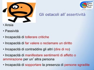 Gli ostacoli all assertività

•  Ansia
•  Passività
•  Incapacità di tollerare critiche
•  Incapacità di far valere o reclamare un diritto
•  Incapacità di contraddire gli altri (dire di no)
•  Incapacità di manifestare sentimenti di affetto o
ammirazione per un altra persona
•  Incapacità di sopportare la presenza di persone sgradite
 