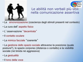Le abilità non verbali più utili
                           nella comunicazione assertiva

•  La sincronizzazione (coscienza degli stimoli presenti nel contesto)
•  La cura dell aspetto fisico
•  L osservazione decentrata
•  Il contatto oculare
•  La mimica facciale coerente
•  La gestione dello spazio sociale attraverso la posizione (quale
postura?), lo spazio corporeo (distanza o contatto) e la visibilità
sociale (né timida né aggressiva)
•  La gestualità
•  Il tono della voce
 
