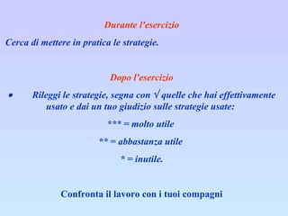 Durante l'esercizio Cerca di mettere in pratica le strategie.    Dopo l'esercizio           Rileggi le strategie, segna con    quelle che hai effettivamente usato e dai un tuo giudizio sulle strategie usate:  *** = molto utile  ** = abbastanza utile  * = inutile. Confronta il lavoro con i tuoi compagni 