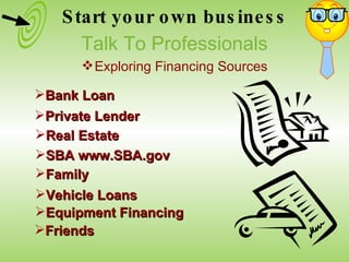 Vehicle Loans SBA www.SBA.gov Family Equipment Financing Real Estate Private Lender Friends Bank Loan Start your own business Talk To Professionals Exploring Financing Sources 