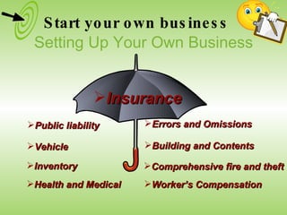 Public liability Vehicle Inventory Health and Medical Errors and Omissions Building and Contents Comprehensive fire and theft Worker’s Compensation Insurance Start your own business Setting Up Your Own Business 