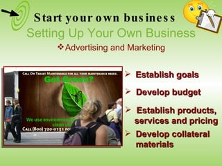 Establish goals Develop budget Establish products, services and pricing Develop collateral materials Setting Up Your Own Business Advertising and Marketing Start your own business 