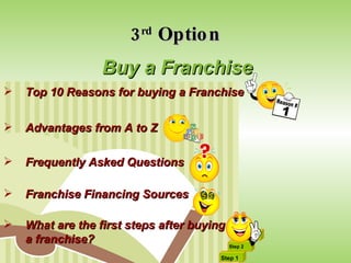 3 rd  Option Buy a Franchise What are the first steps after buying a franchise?  Top 10 Reasons for buying a Franchise Frequently Asked Questions Franchise Financing Sources Advantages from A to Z Reason # 1 Step 1 Step 2 Step 3 