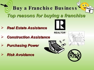 Buy a Franchise Business Top reasons for buying a franchise Real Estate Assistance Construction Assistance Purchasing Power Risk Avoidance Reason # 1 