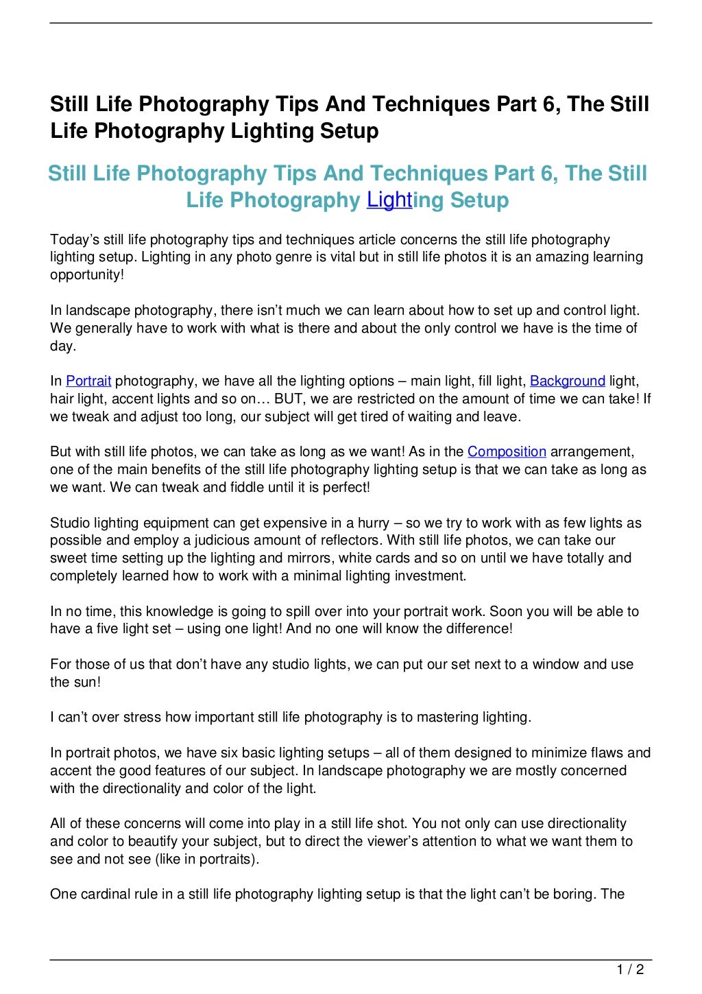 Still Life Photography Tips And Techniques Part 6, The Still Life