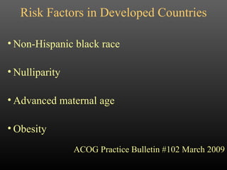 Risk Factors in Developed Countries Non-Hispanic black race Nulliparity Advanced maternal age Obesity ACOG Practice Bulletin #102 March 2009 