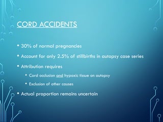 CORD ACCIDENTS
• 30% of normal pregnancies
• Account for only 2.5% of stillbirths in autopsy case series
• Attribution requires
• Cord occlusion and hypoxic tissue on autopsy
• Exclusion of other causes
• Actual proportion remains uncertain
 