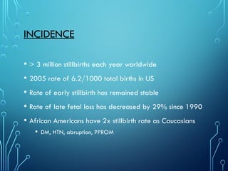 INCIDENCE
• > 3 million stillbirths each year worldwide
• 2005 rate of 6.2/1000 total births in US
• Rate of early stillbirth has remained stable
• Rate of late fetal loss has decreased by 29% since 1990
• African Americans have 2x stillbirth rate as Caucasians
• DM, HTN, abruption, PPROM
 